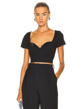 AREA Black Crystel Embellished Bustier Crop Top, Size Medium
